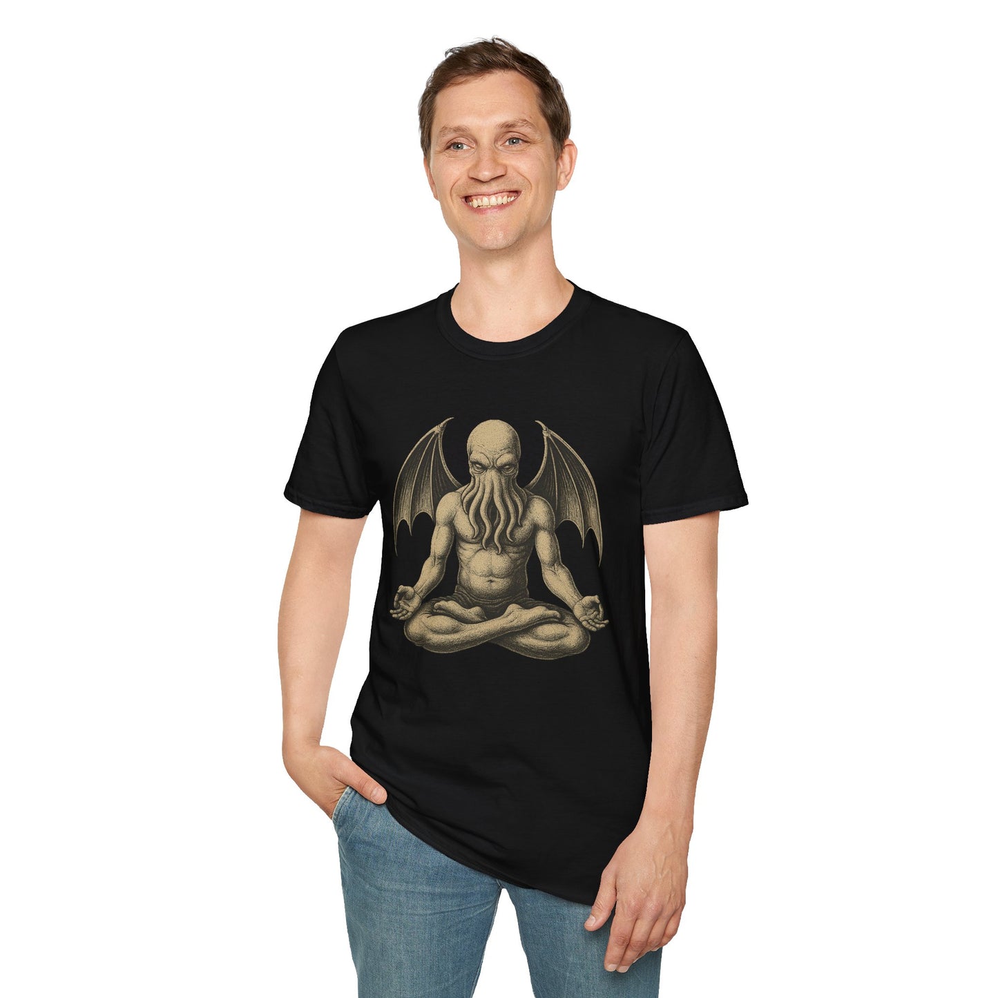 Meditating Cthulhu T-Shirt – Unisex Mythos Tee for Sci-Fi & Festival Fans - WhimSpin - https://whimspin.com