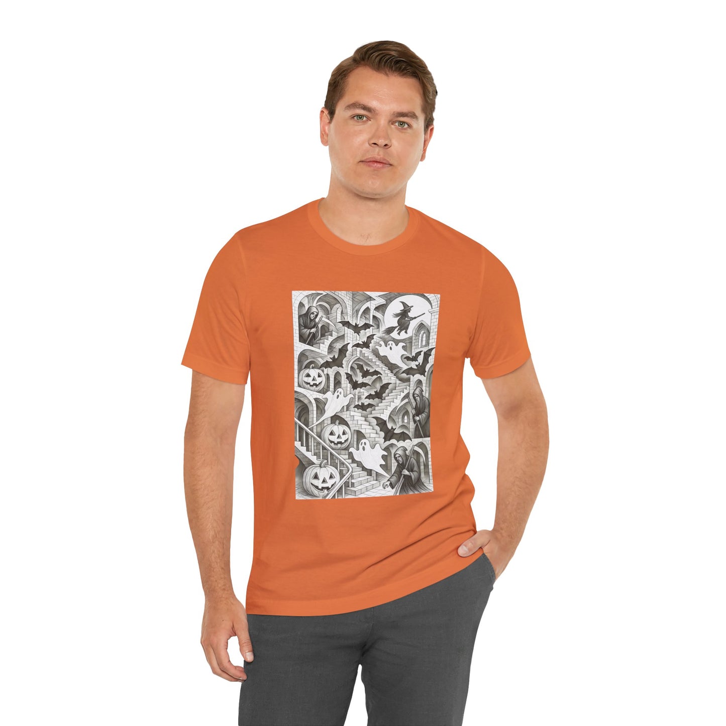 Haunted Hallways T-Shirt – Escher-Inspired Halloween Graphic Tee
