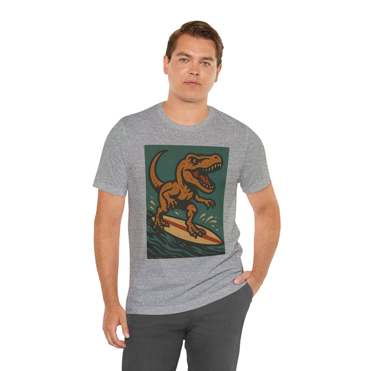 Surfing T-Rex T-Shirt – Funny Dinosaur Graphic Tee for Summer Vibes - WhimSpin - https://whimspin.com