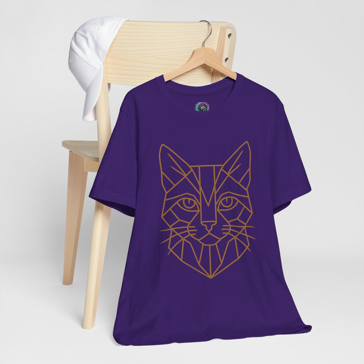 Purple t shirt with a cat head drawn in geometric lines - Geometric Cat t shirt from Whimspin