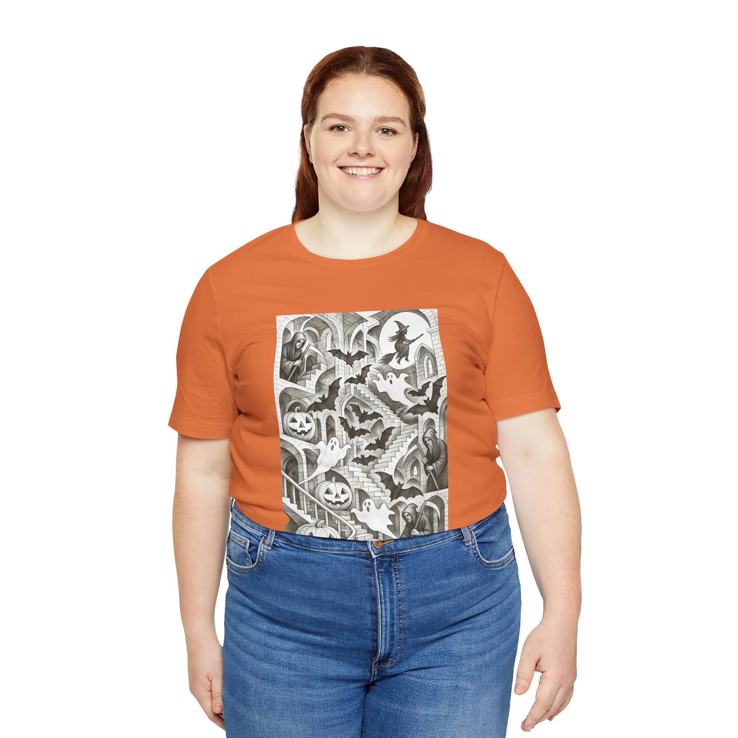 Haunted Hallways T-Shirt – Escher-Inspired Halloween Graphic Tee