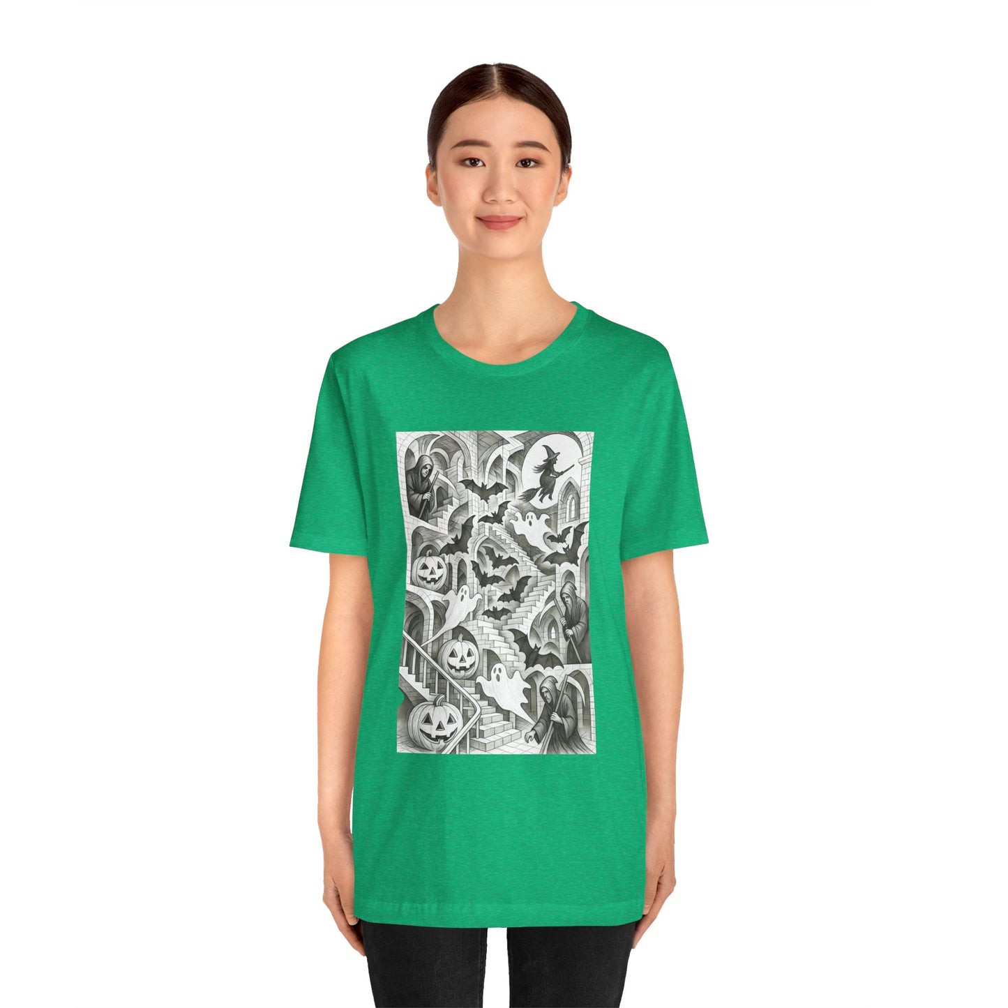 Haunted Hallways T-Shirt – Escher-Inspired Halloween Graphic Tee