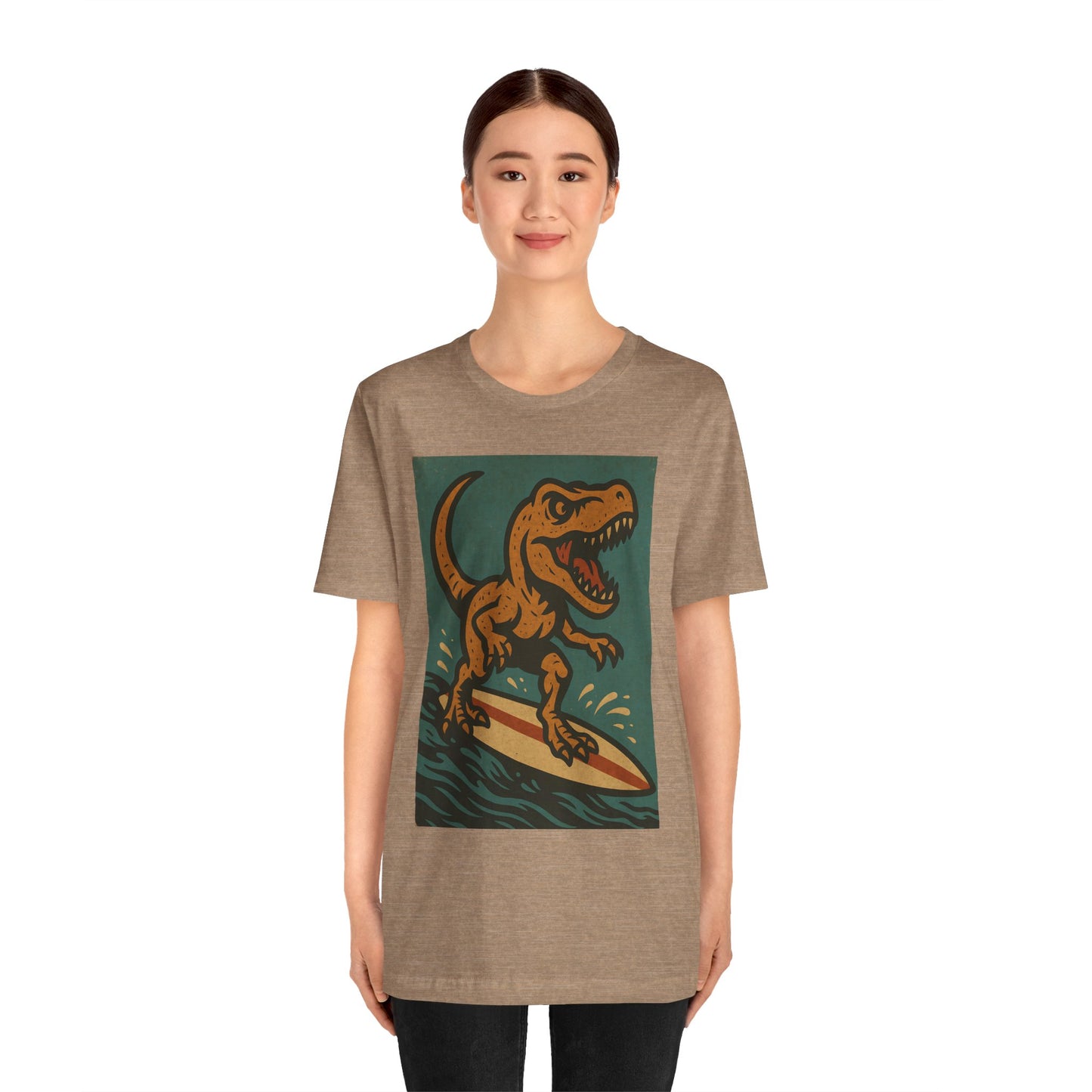 Surfing T-Rex T-Shirt – Funny Dinosaur Graphic Tee for Summer Vibes - WhimSpin - https://whimspin.com