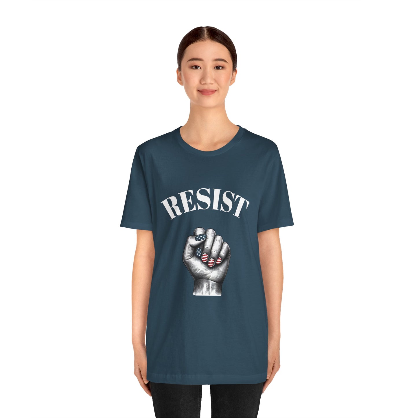Resist Feminist Power Fist Tee – USA Flag Nails Protest Shirt