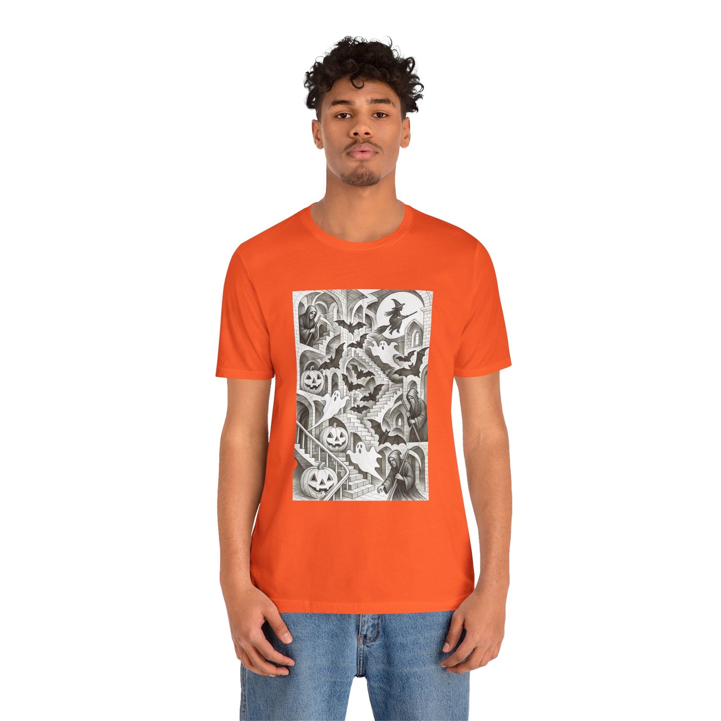 Haunted Hallways T-Shirt – Escher-Inspired Halloween Graphic Tee