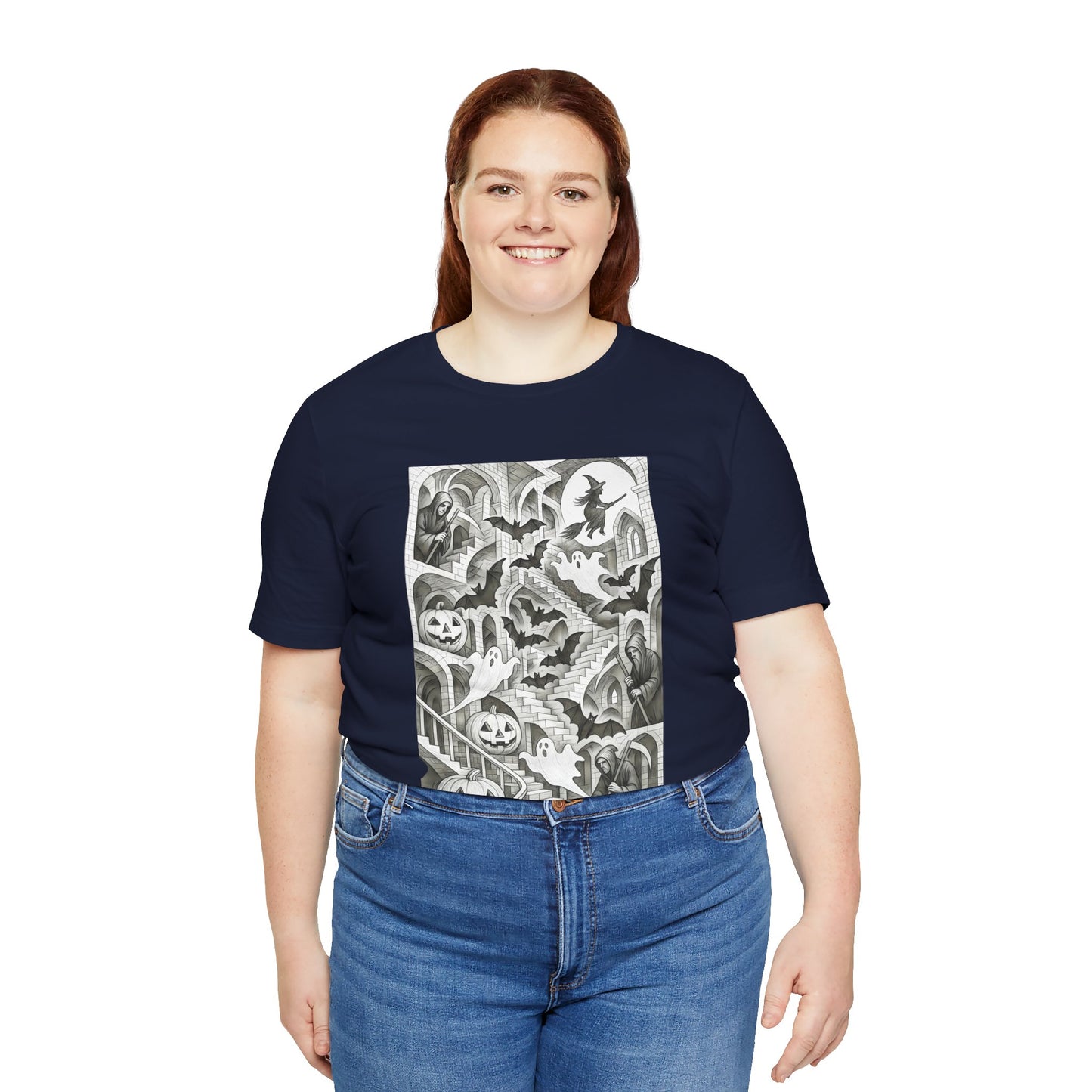 Haunted Hallways T-Shirt – Escher-Inspired Halloween Graphic Tee