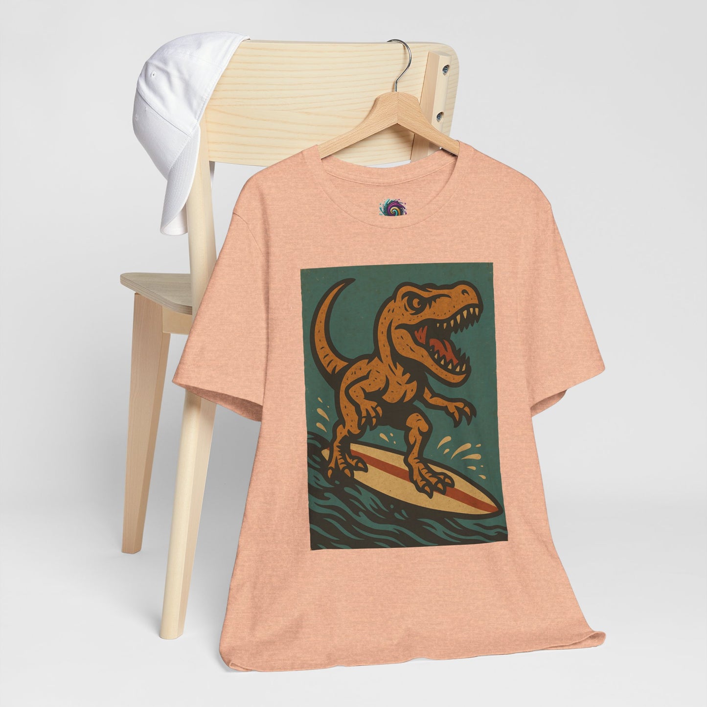 Surfing T-Rex T-Shirt – Funny Dinosaur Graphic Tee for Summer Vibes - WhimSpin - https://whimspin.com