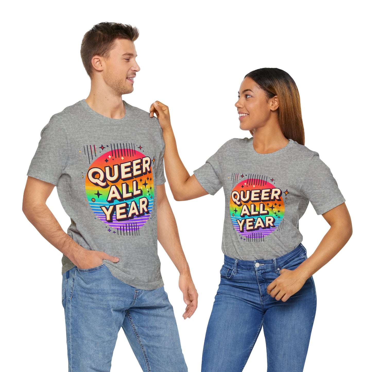 Queer All Year Tee – Retro Rainbow LGBTQ+ Graphic Shirt