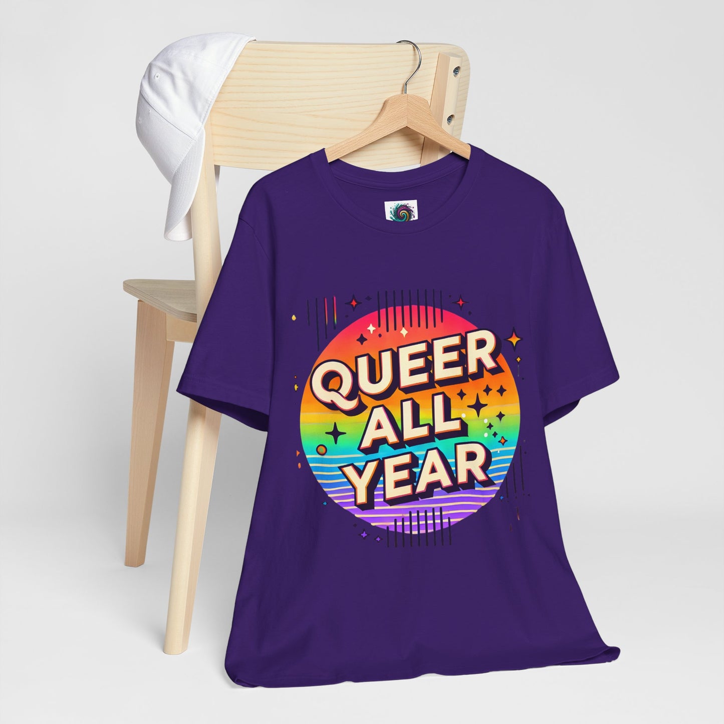 Queer All Year Tee – Retro Rainbow LGBTQ+ Graphic Shirt