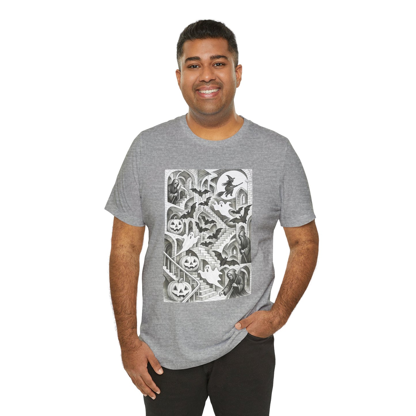 Haunted Hallways T-Shirt – Escher-Inspired Halloween Graphic Tee