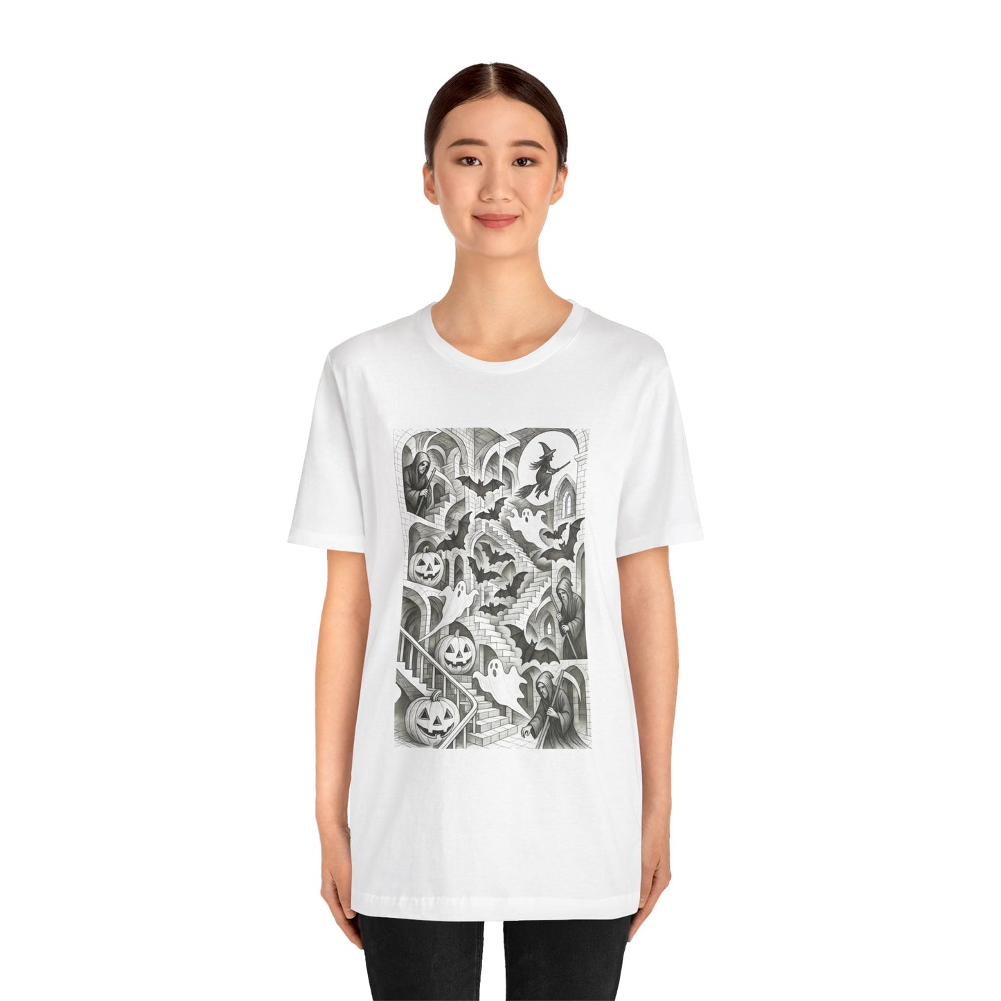 Haunted Hallways T-Shirt – Escher-Inspired Halloween Graphic Tee