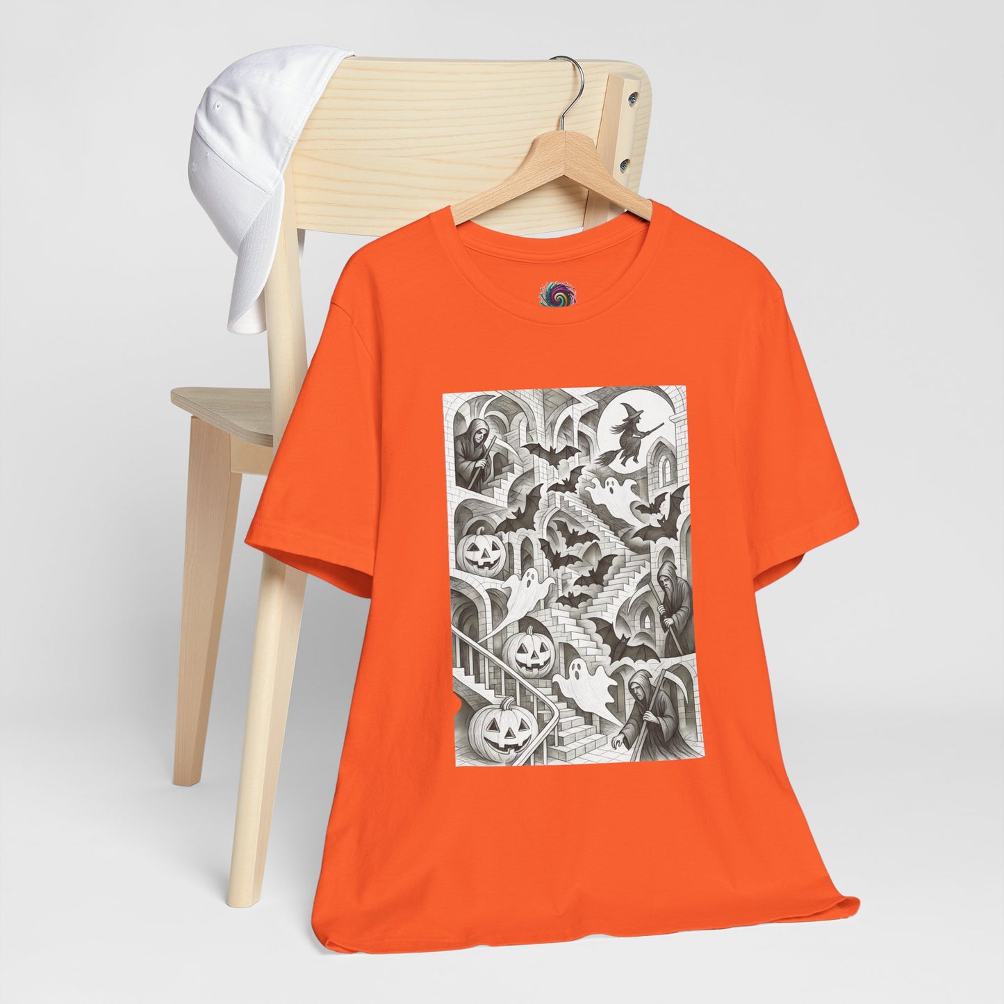 Haunted Hallways T-Shirt – Escher-Inspired Halloween Graphic Tee