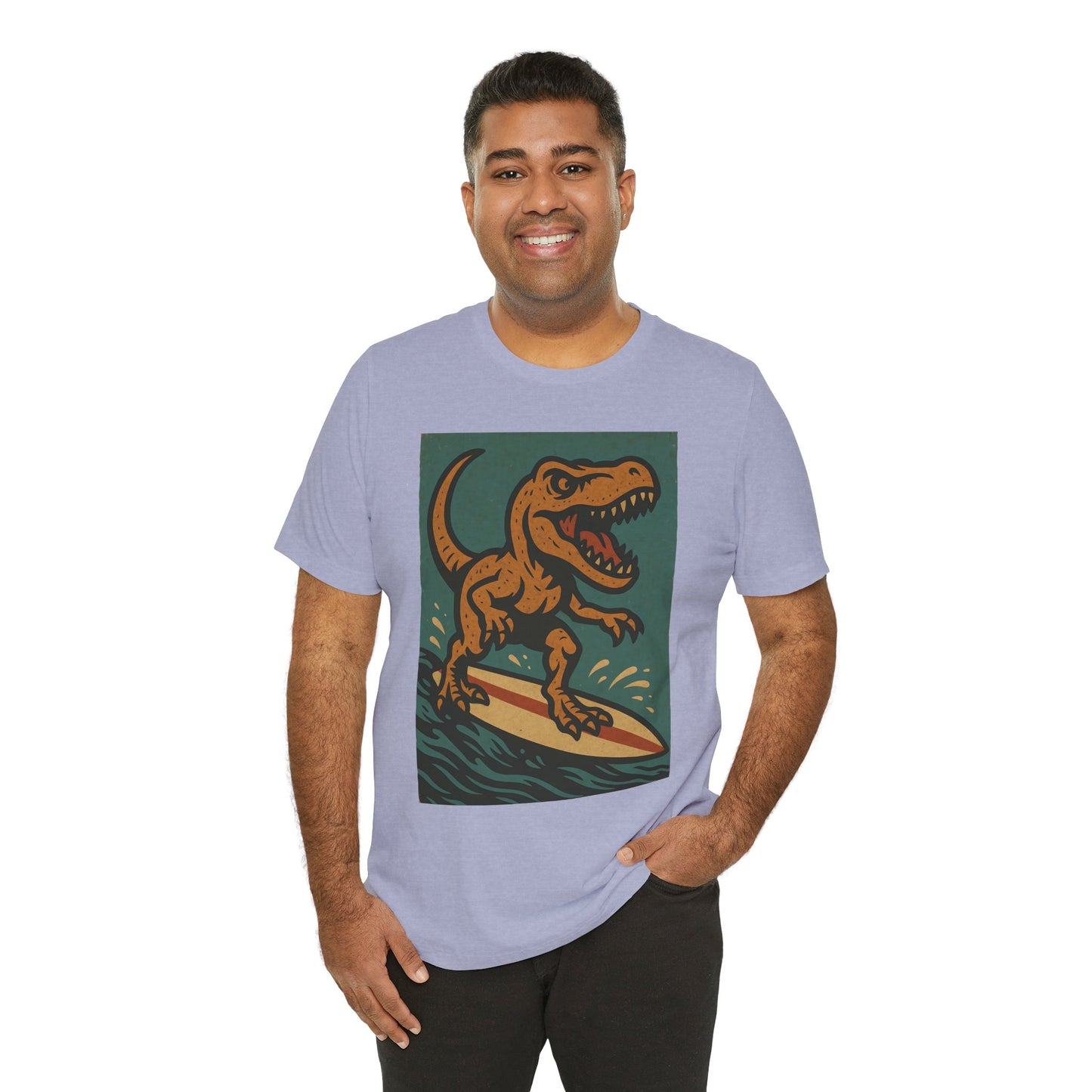 Surfing T-Rex T-Shirt – Funny Dinosaur Graphic Tee for Summer Vibes - WhimSpin - https://whimspin.com