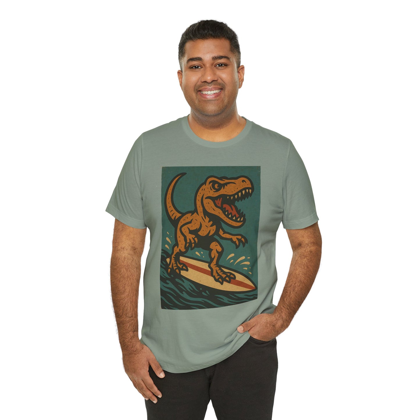Surfing T-Rex T-Shirt – Funny Dinosaur Graphic Tee for Summer Vibes - WhimSpin - https://whimspin.com