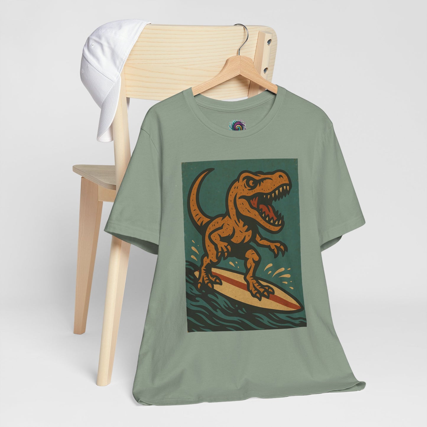 Surfing T-Rex T-Shirt – Funny Dinosaur Graphic Tee for Summer Vibes - WhimSpin - https://whimspin.com