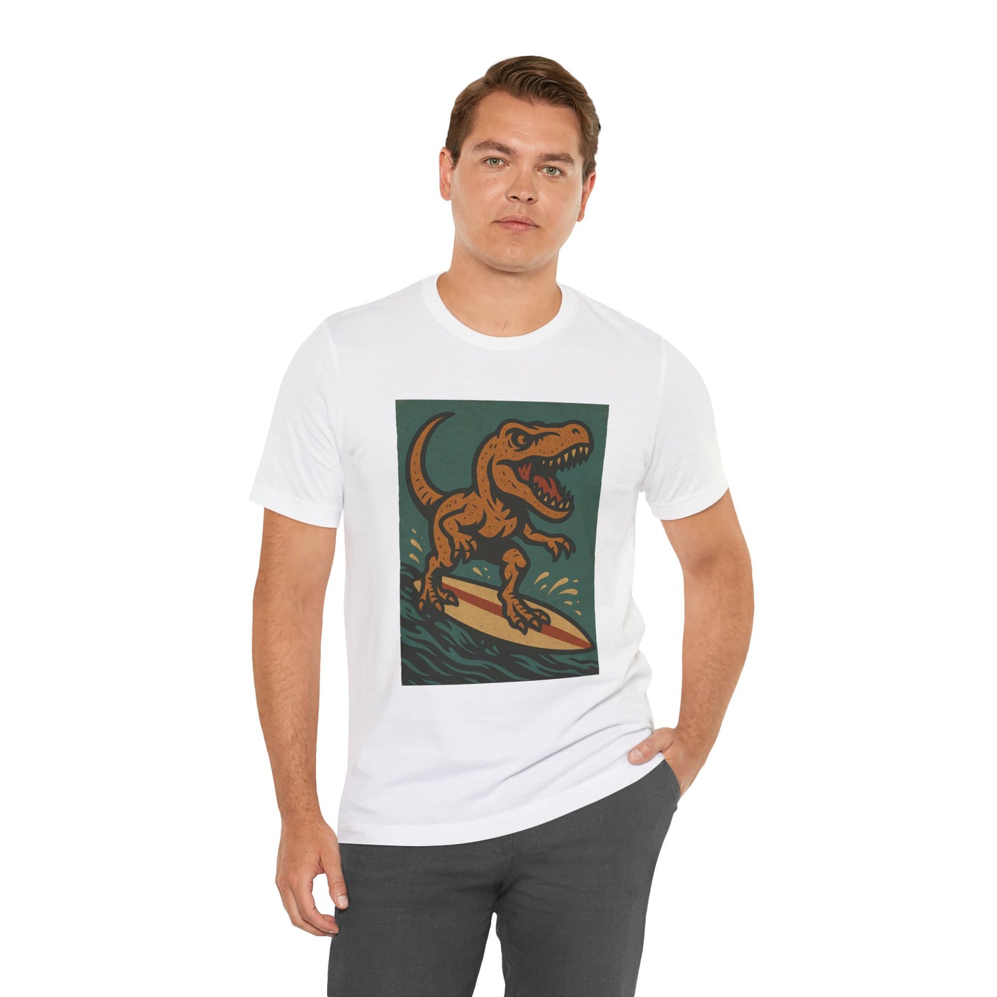 Surfing T-Rex T-Shirt – Funny Dinosaur Surfing Graphic Tee
