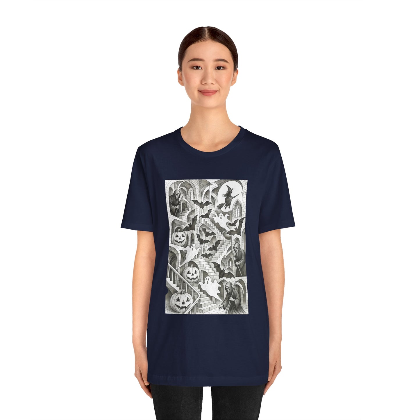 Haunted Hallways T-Shirt – Escher-Inspired Halloween Graphic Tee