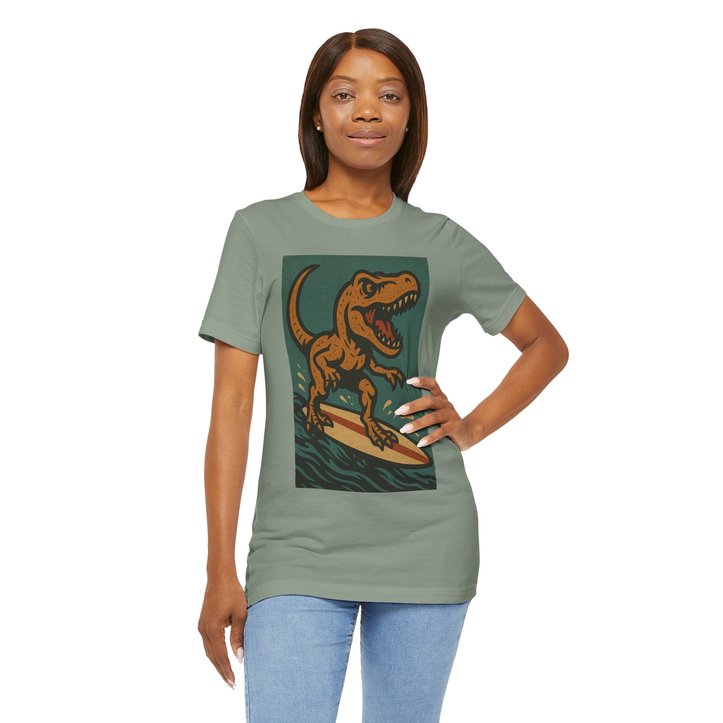 Surfing T-Rex T-Shirt – Funny Dinosaur Graphic Tee for Summer Vibes - WhimSpin - https://whimspin.com