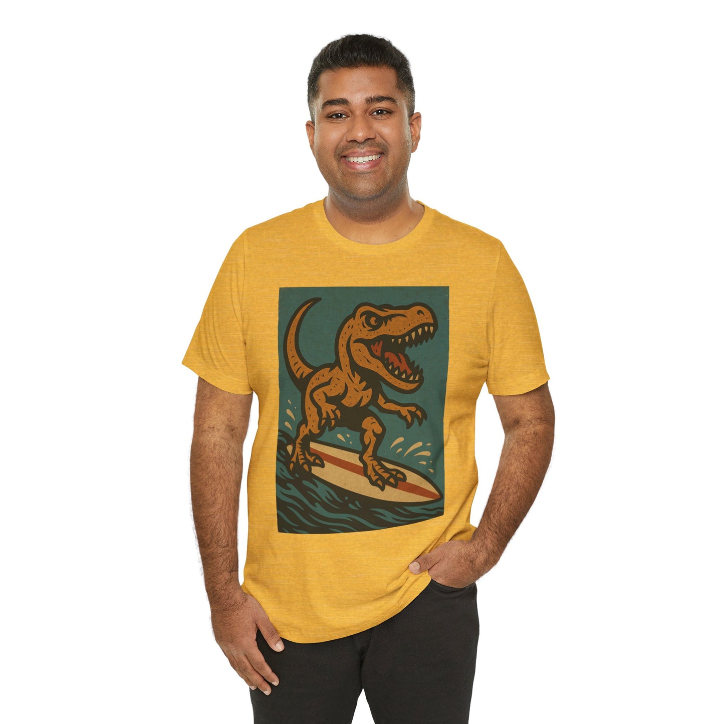 Surfing T-Rex T-Shirt – Funny Dinosaur Graphic Tee for Summer Vibes - WhimSpin - https://whimspin.com