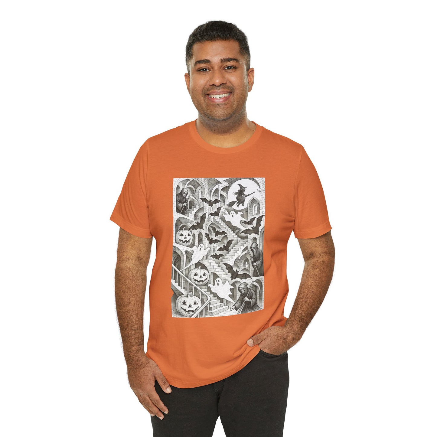 Haunted Hallways T-Shirt – Escher-Inspired Halloween Graphic Tee