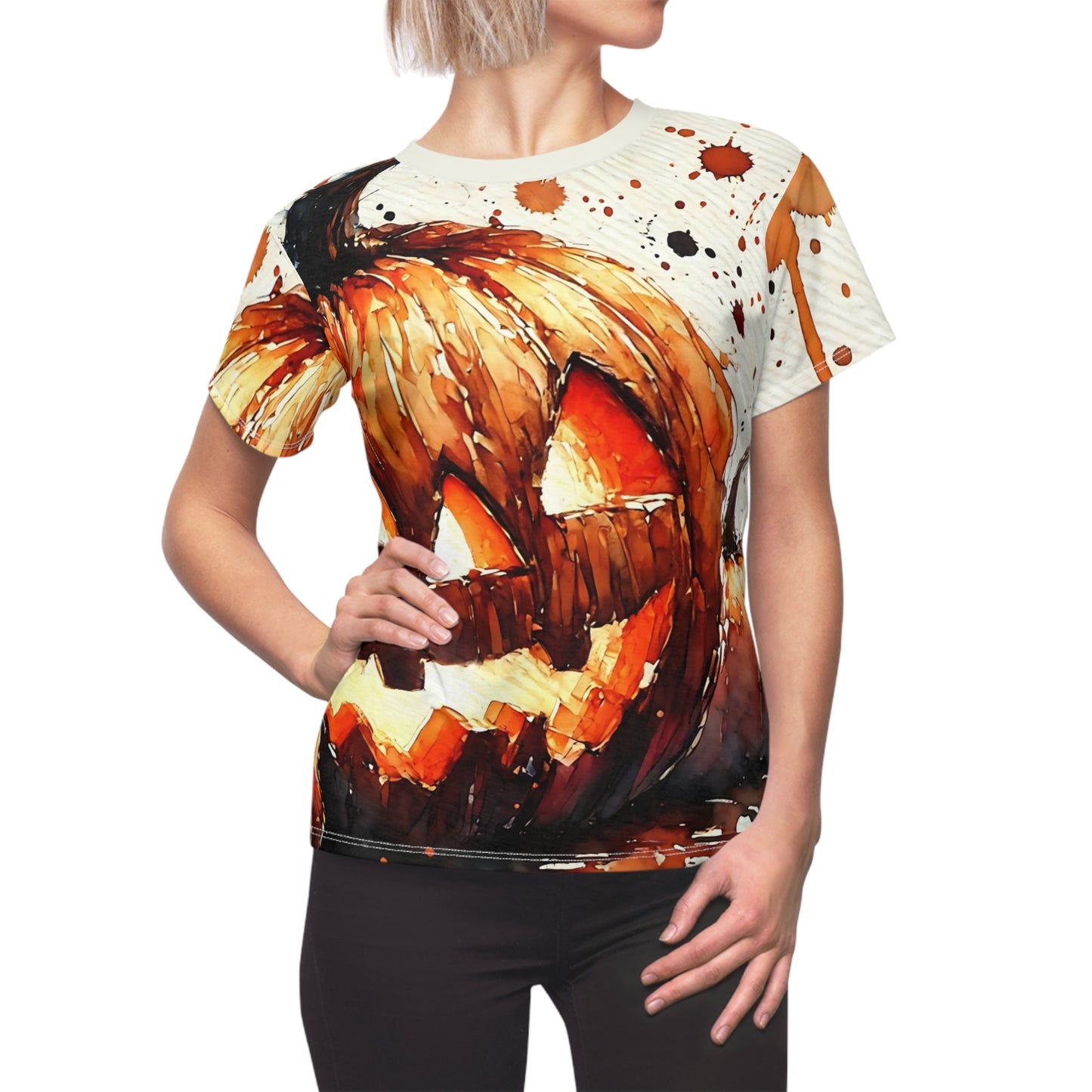 Watercolor Jack-o-Lantern T-Shirt – Women’s Halloween All-Over Print