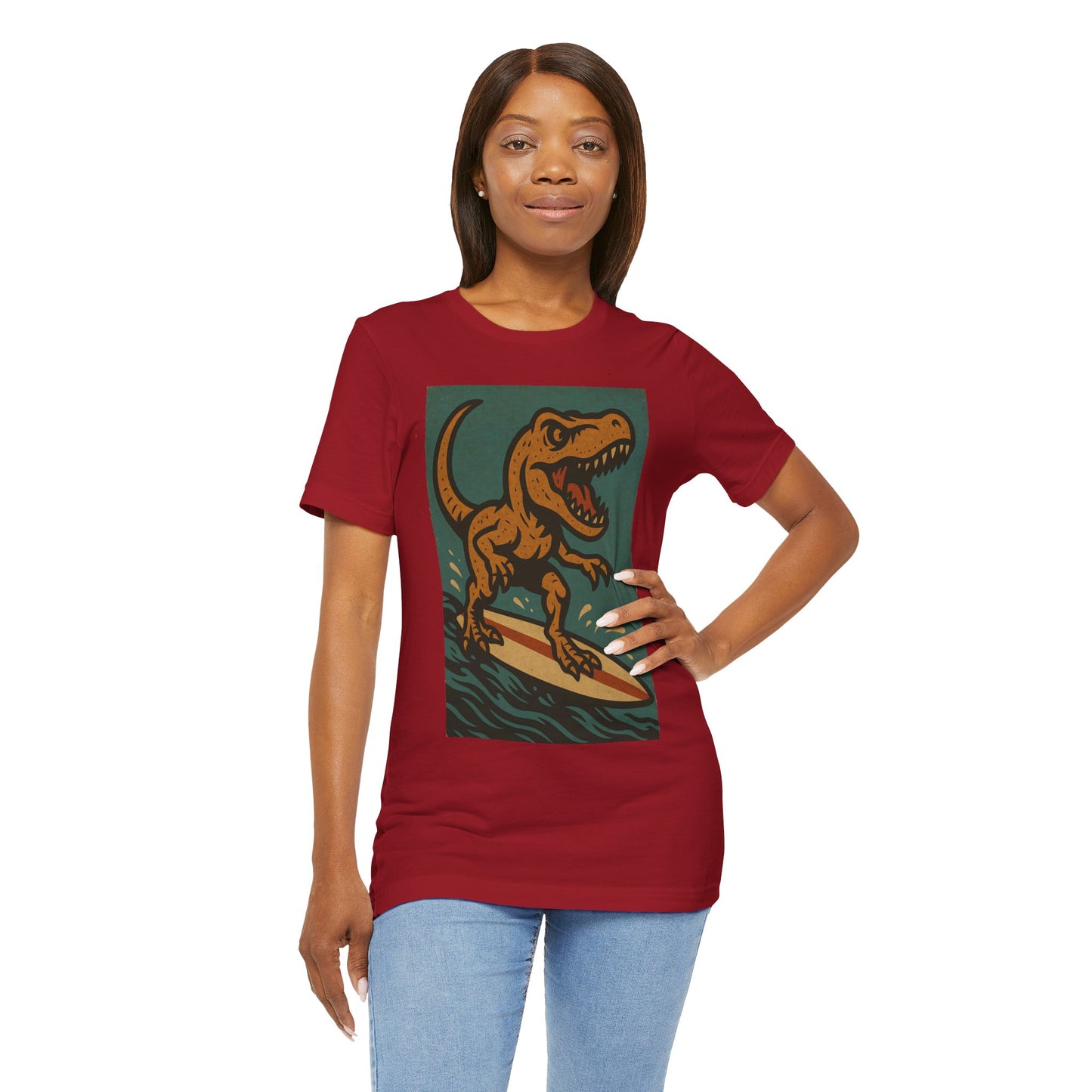 Surfing T-Rex T-Shirt – Funny Dinosaur Graphic Tee for Summer Vibes - WhimSpin - https://whimspin.com