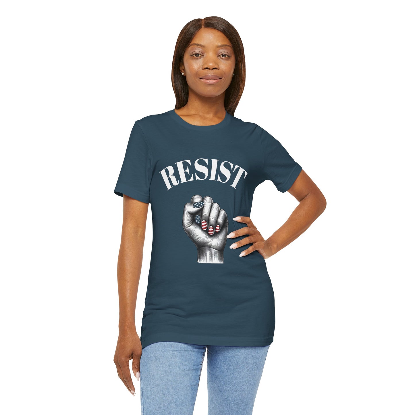 Resist Feminist Power Fist Tee – USA Flag Nails Protest Shirt - WhimSpin - https://whimspin.com