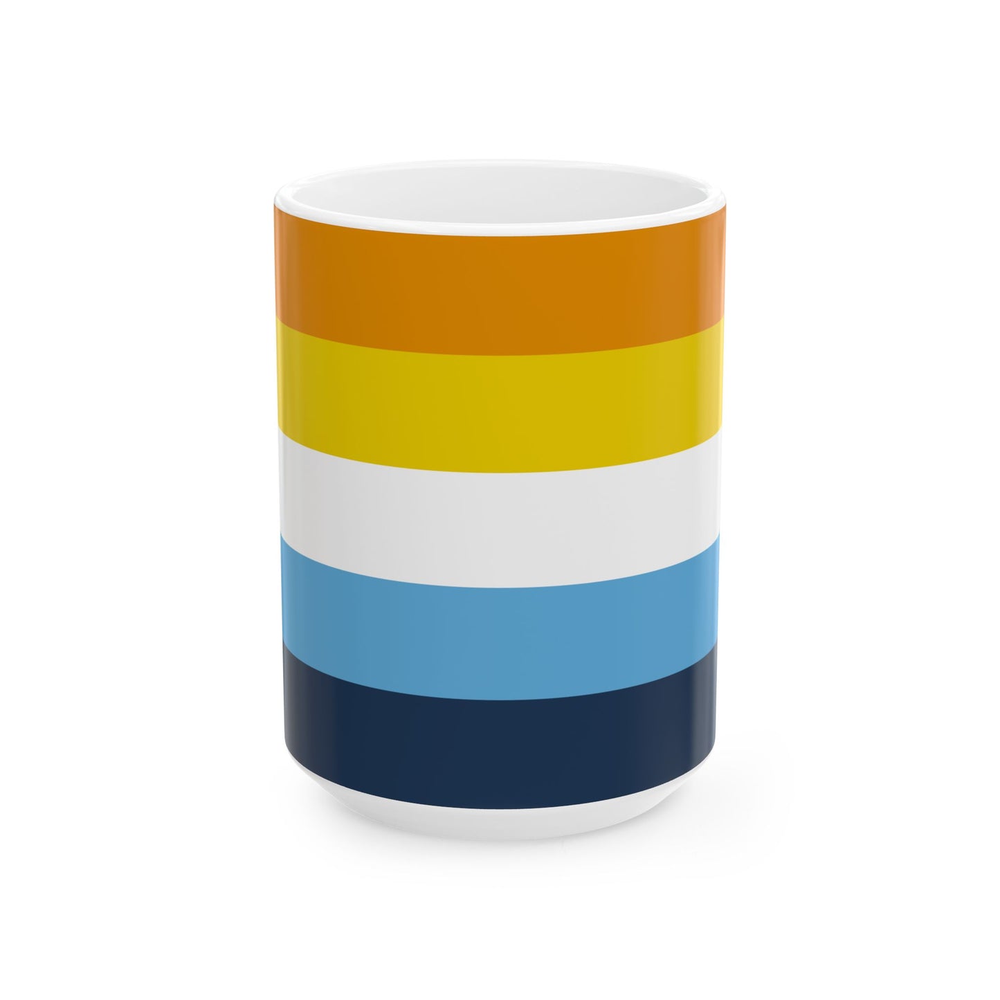 AroAce Pride Flag Mug by WhimSpin - this ceramic mug has colored striped from top to bottom as follows: orange, yellow/gold, white, blue, and navy 15oz size