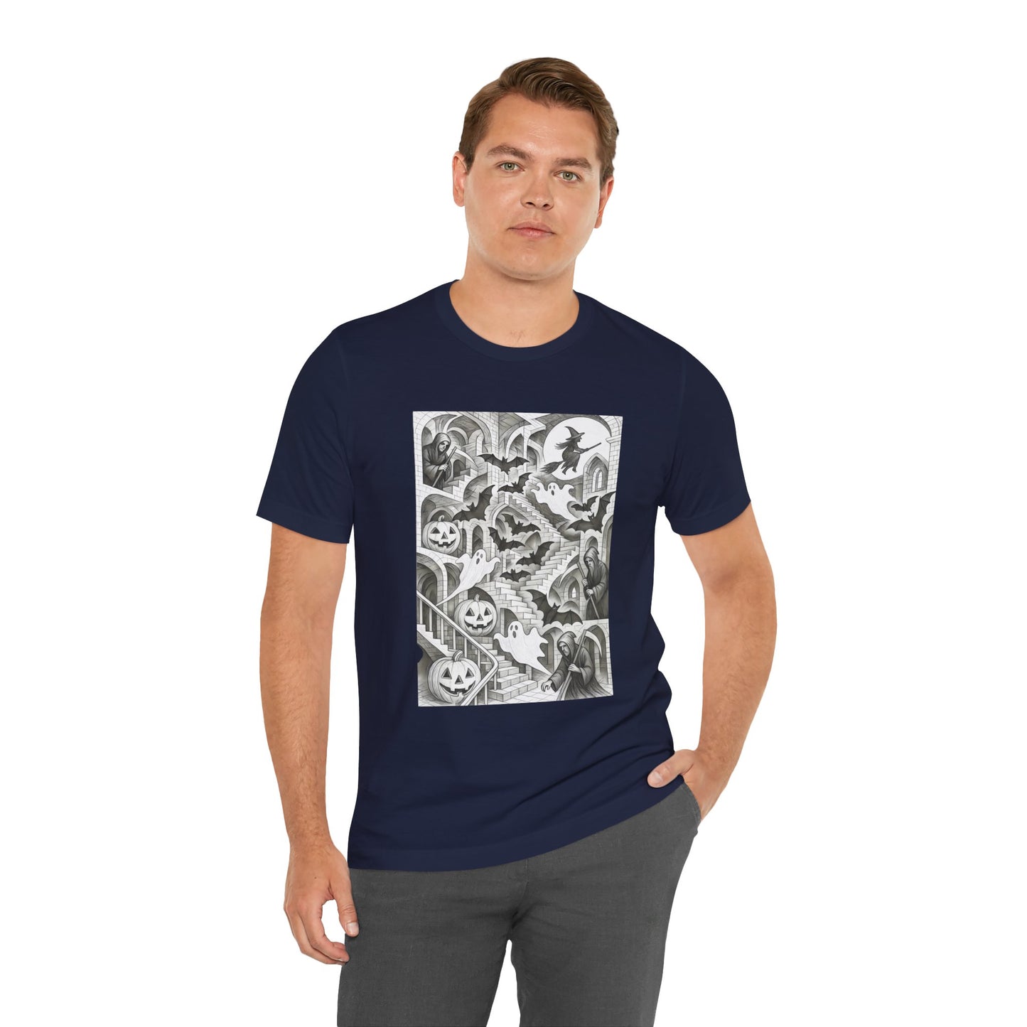 Haunted Hallways T-Shirt – Escher-Inspired Halloween Graphic Tee