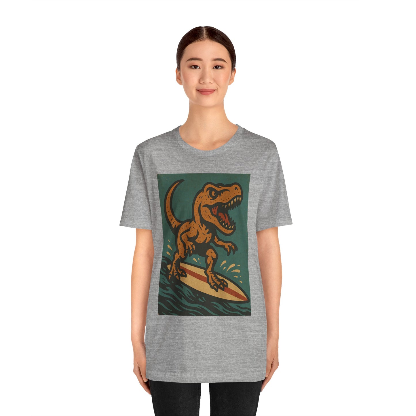 Surfing T-Rex T-Shirt – Funny Dinosaur Graphic Tee for Summer Vibes - WhimSpin - https://whimspin.com