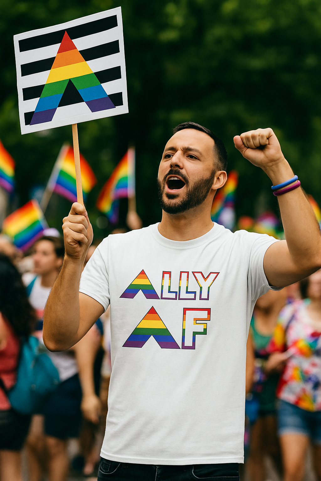 A caucasian man with brown hair and a beard wearing a white Ally AF shirt with rainbow letters is holding a protest sign, raising his right hand in a fist, and is shouting as part of a Pride ralky.