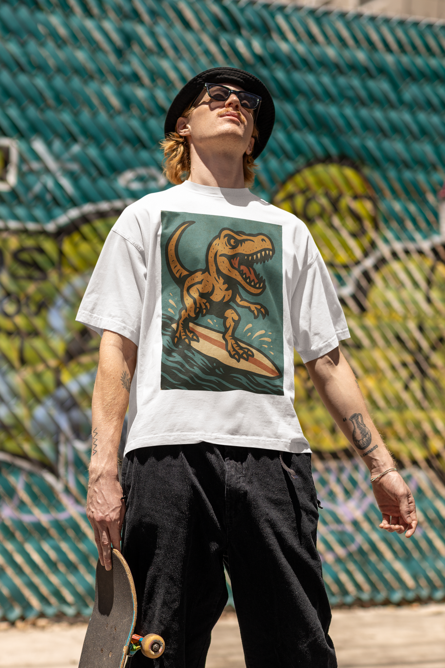Surfing T-Rex T-Shirt – Funny Dinosaur Graphic Tee for Summer Vibes - WhimSpin - https://whimspin.com