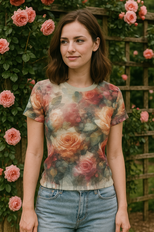 Watercolor Rose Garden T-Shirt – All-Over Floral Art Tee