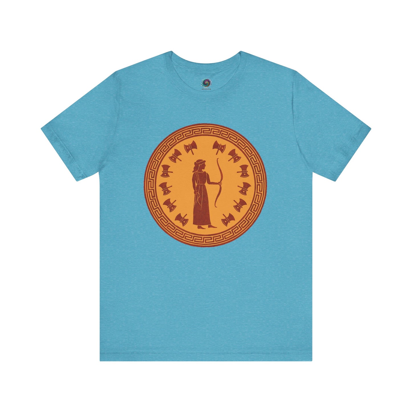 Turquoise Penelope Epic Queen of Ithaca T shirt from Whimspin. The shirt features an image of a woman in ancient Grecian robes holding a bow and surrounded by 12 axes. The images is in terracotta cotta red and gold in the style of ancient amphora art.