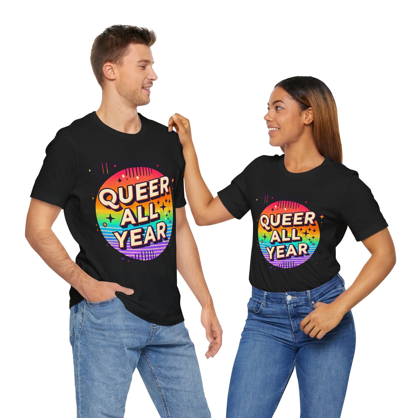Queer All Year Tee – Retro Rainbow LGBTQ+ Graphic Shirt