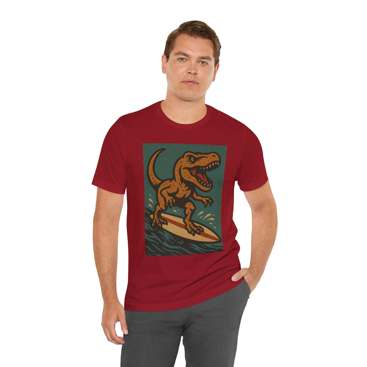 Surfing T-Rex T-Shirt – Funny Dinosaur Graphic Tee for Summer Vibes - WhimSpin - https://whimspin.com