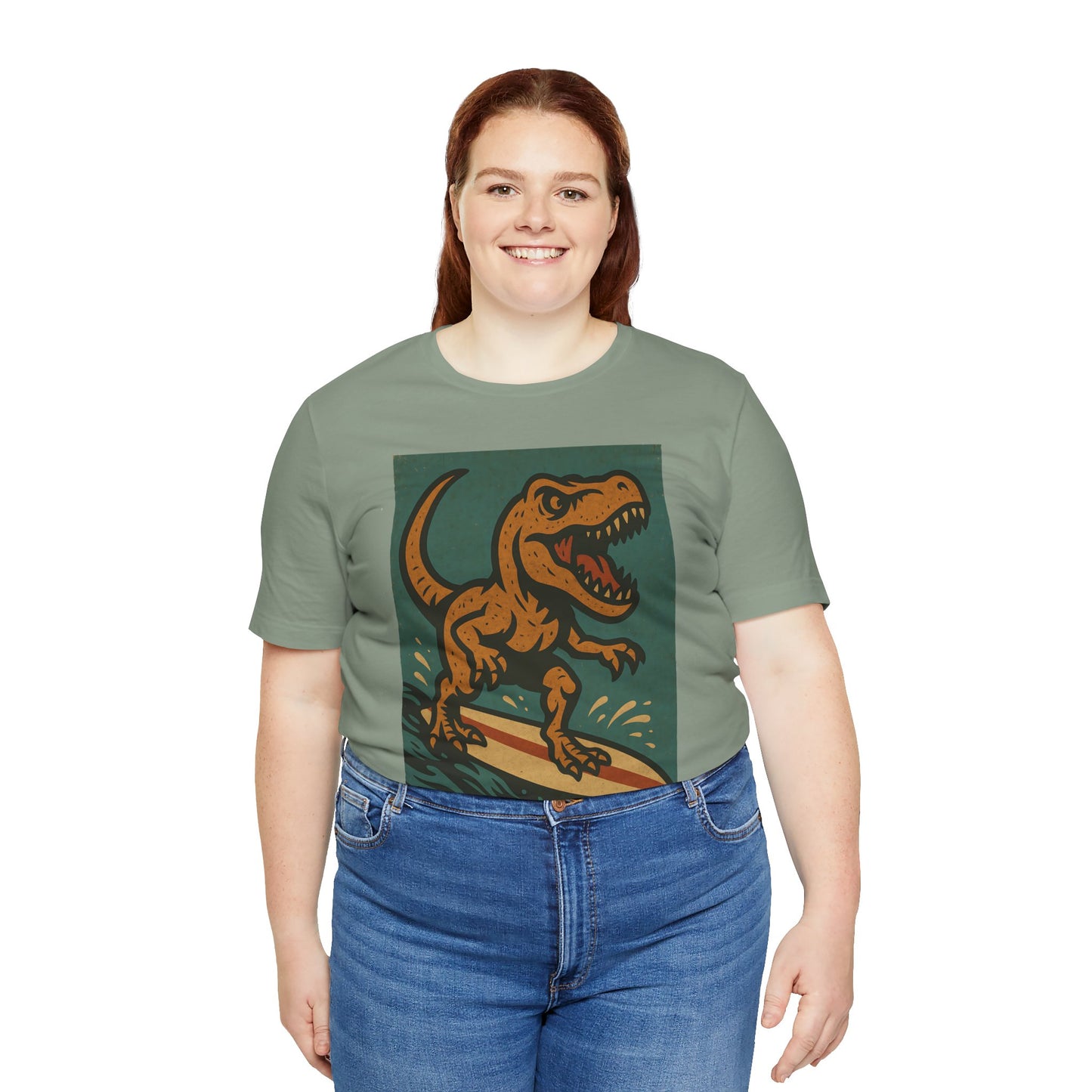 Surfing T-Rex T-Shirt – Funny Dinosaur Graphic Tee for Summer Vibes - WhimSpin - https://whimspin.com