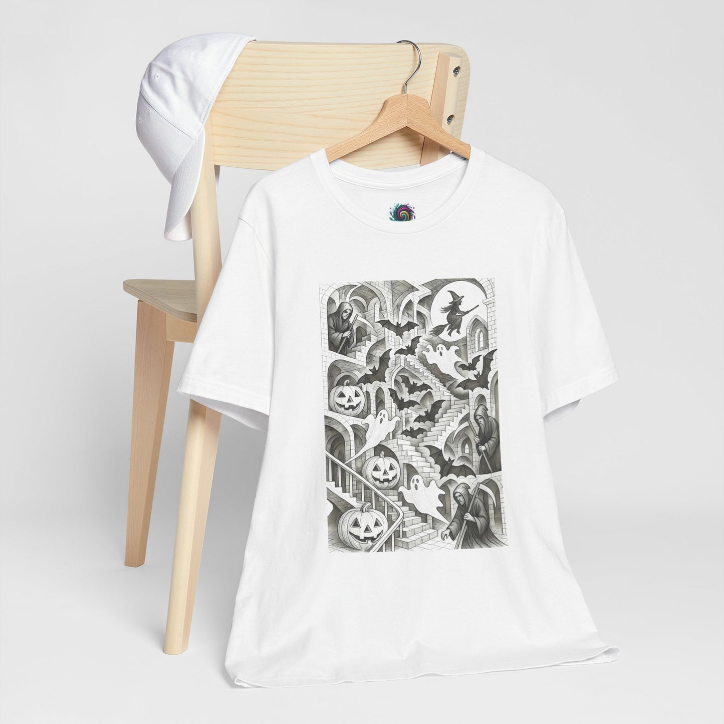 Haunted Hallways T-Shirt – Escher-Inspired Halloween Graphic Tee