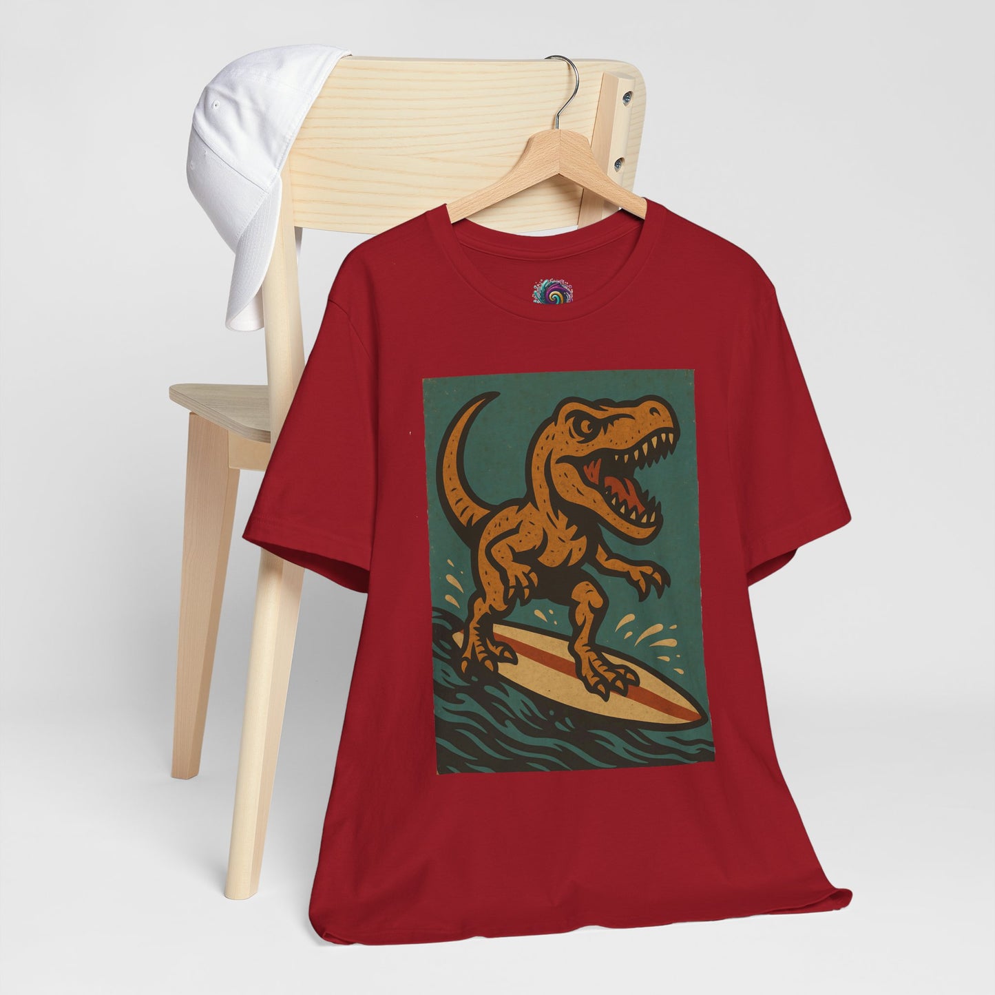 Surfing T-Rex T-Shirt – Funny Dinosaur Graphic Tee for Summer Vibes - WhimSpin - https://whimspin.com