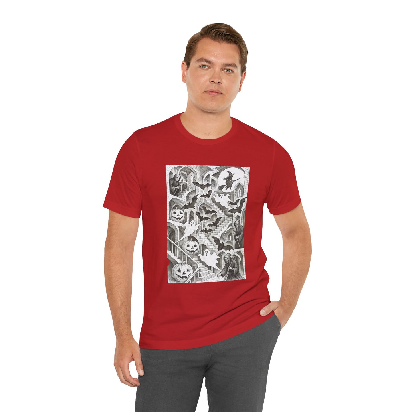 Haunted Hallways T-Shirt – Escher-Inspired Halloween Graphic Tee