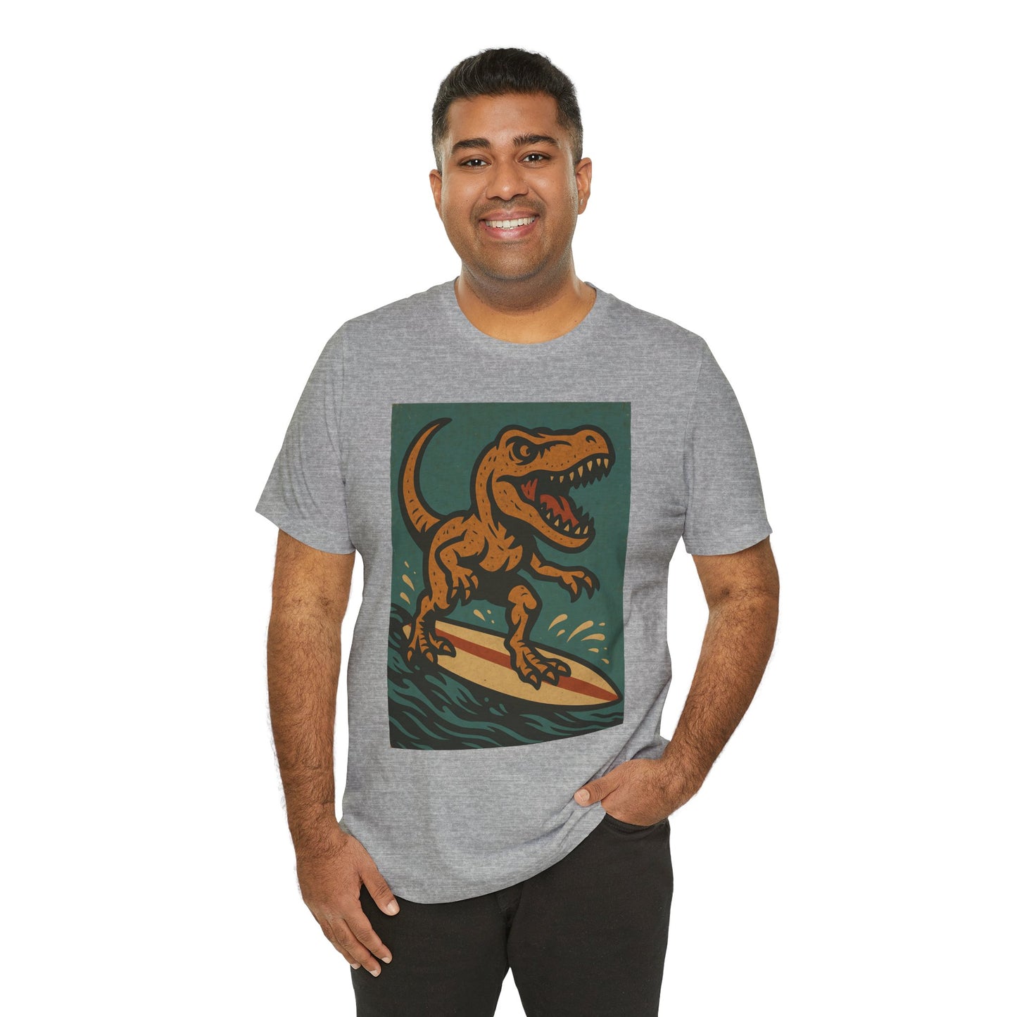 Surfing T-Rex T-Shirt – Funny Dinosaur Graphic Tee for Summer Vibes - WhimSpin - https://whimspin.com