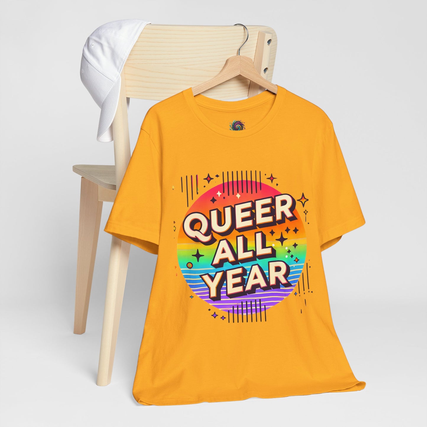 Queer All Year Tee – Retro Rainbow LGBTQ+ Graphic Shirt