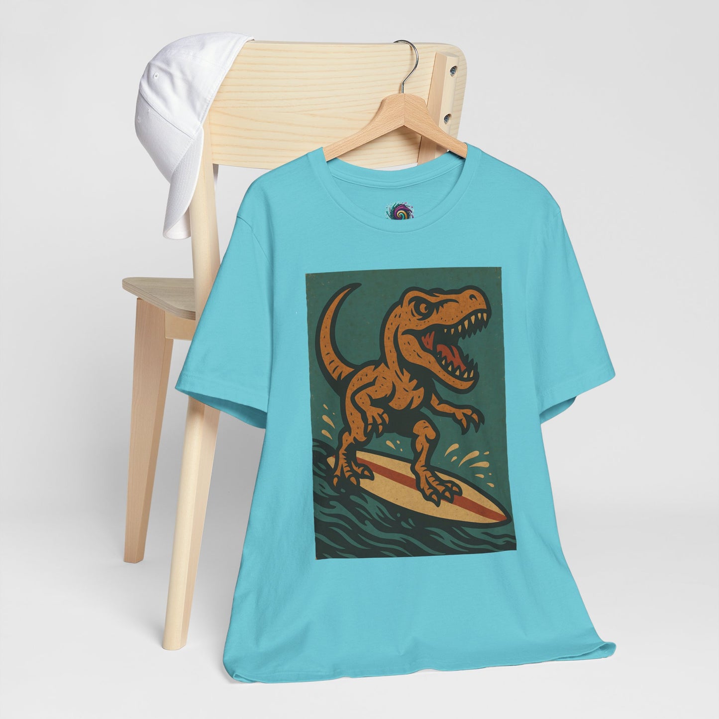 Surfing T-Rex T-Shirt – Funny Dinosaur Graphic Tee for Summer Vibes - WhimSpin - https://whimspin.com