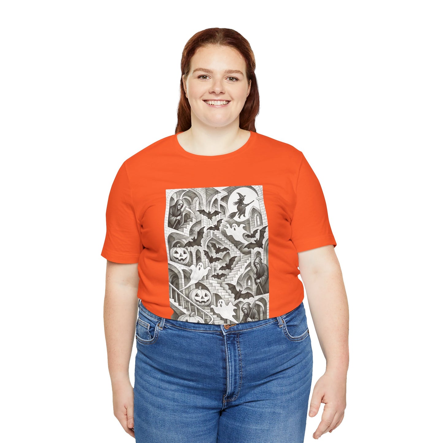 Haunted Hallways T-Shirt – Escher-Inspired Halloween Graphic Tee