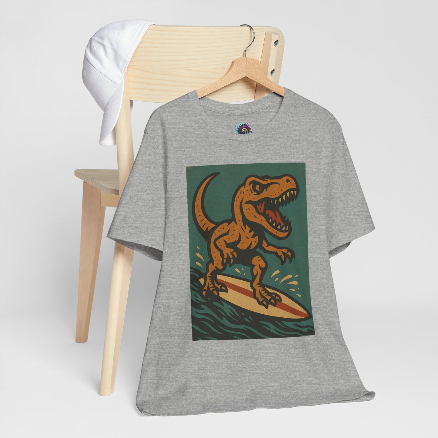 Surfing T-Rex T-Shirt – Funny Dinosaur Graphic Tee for Summer Vibes - WhimSpin - https://whimspin.com