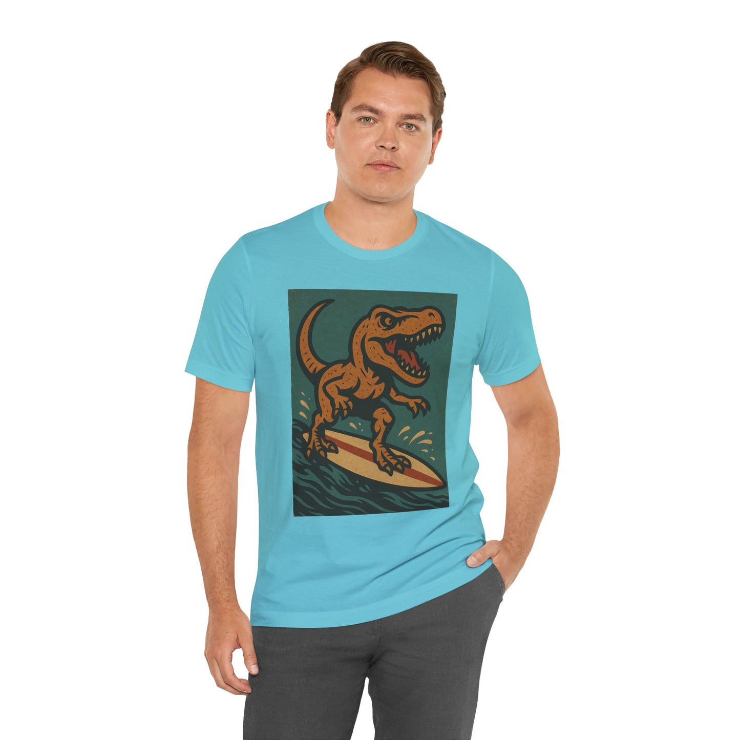 Surfing T-Rex T-Shirt – Funny Dinosaur Graphic Tee for Summer Vibes - WhimSpin - https://whimspin.com