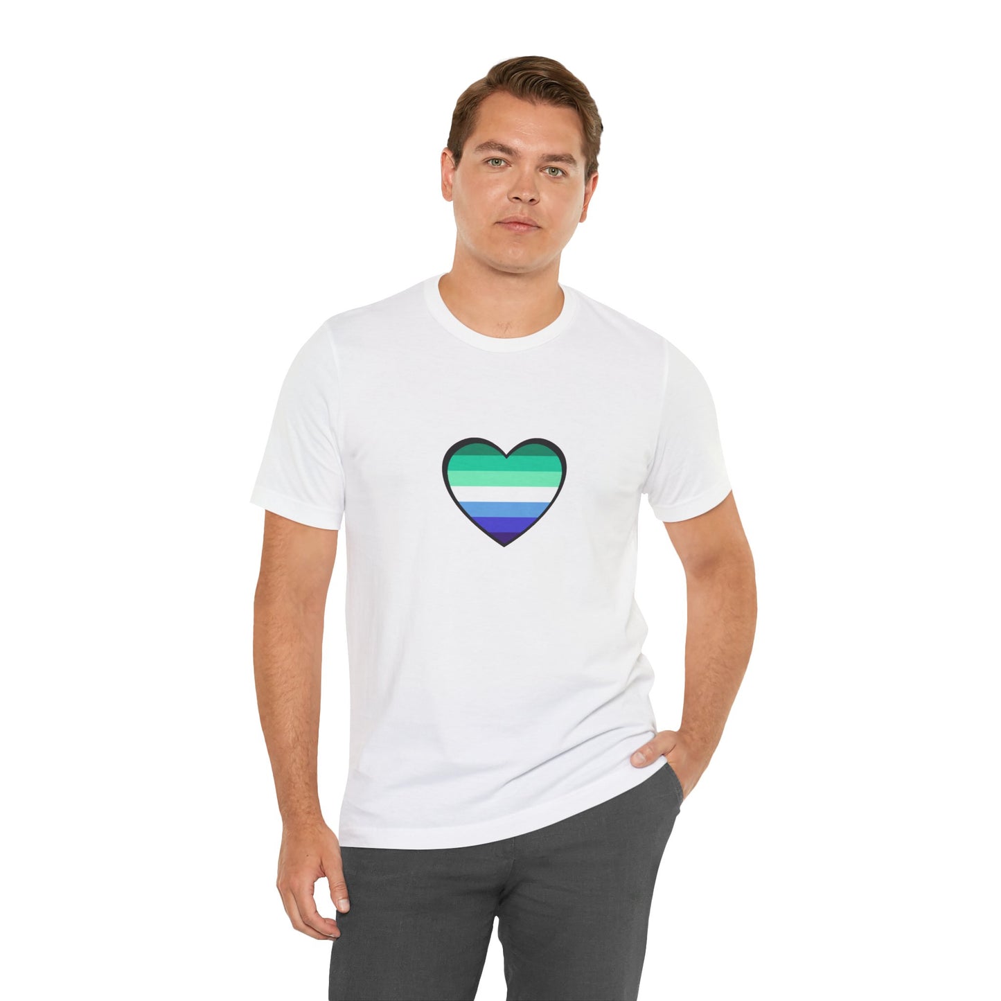 Gay Men’s Pride Flag Heart T-Shirt – LGBTQ+ Flag Design on Unisex Tee