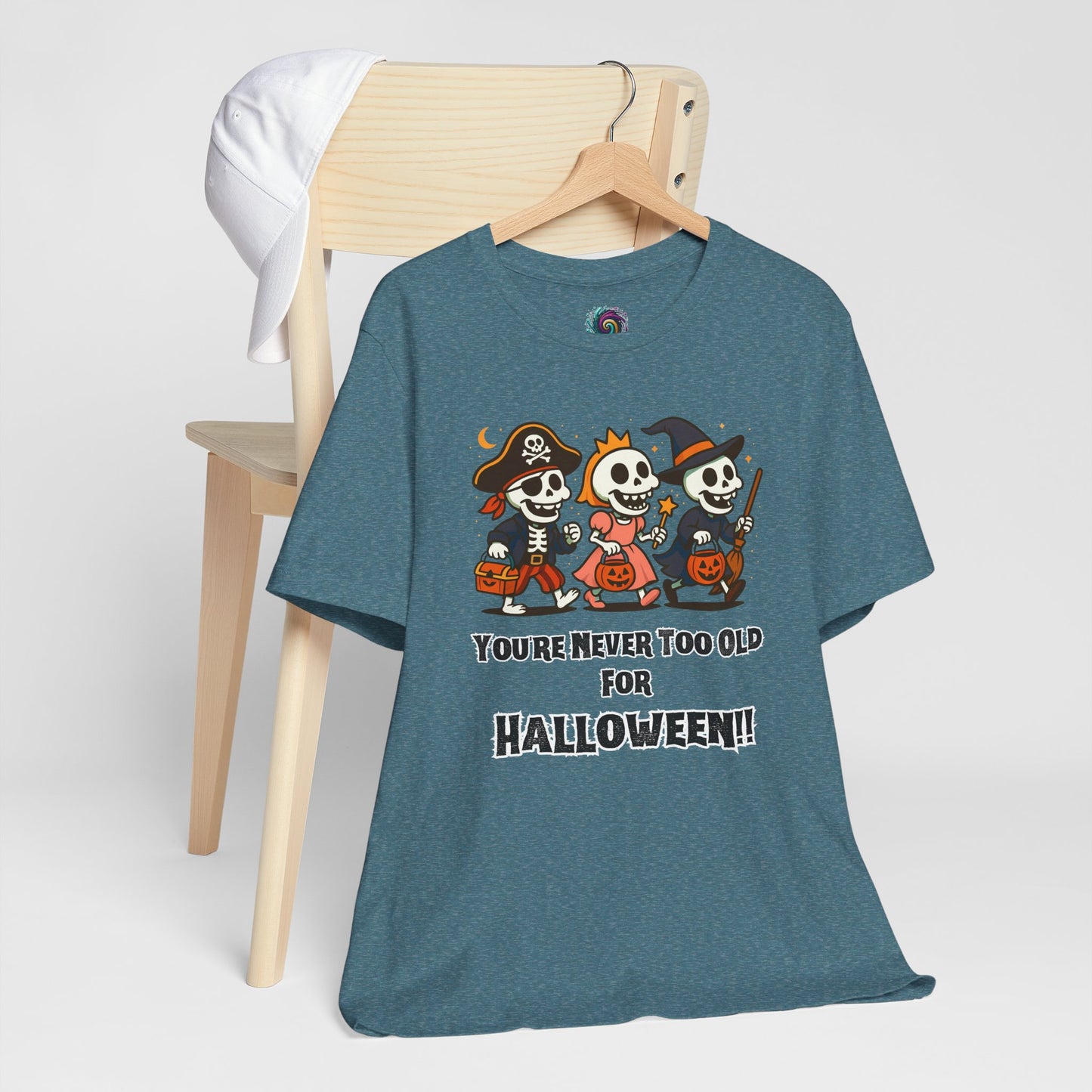 Never Too Old for Halloween T-Shirt – Funny Adult Halloween Shirt