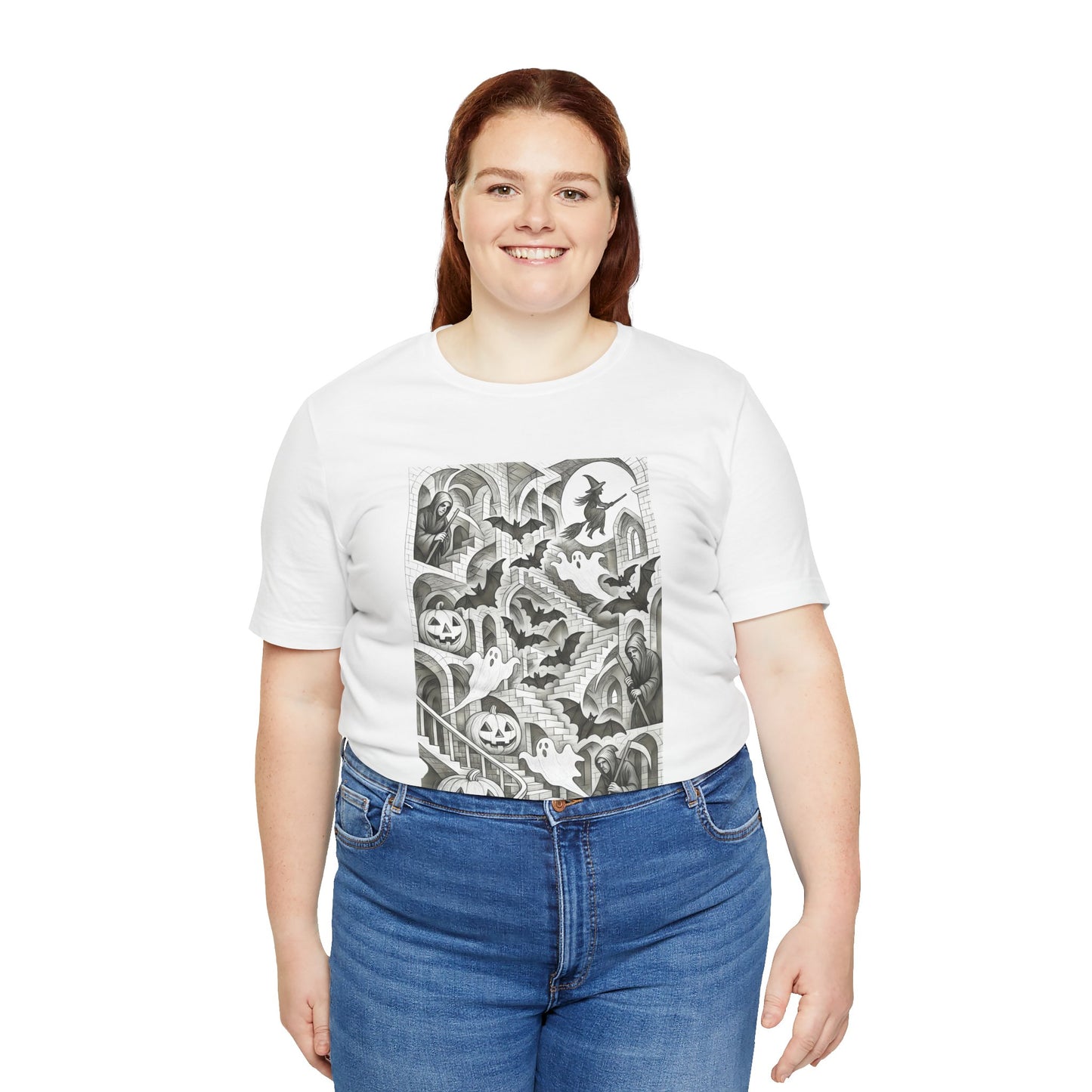 Haunted Hallways T-Shirt – Escher-Inspired Halloween Graphic Tee