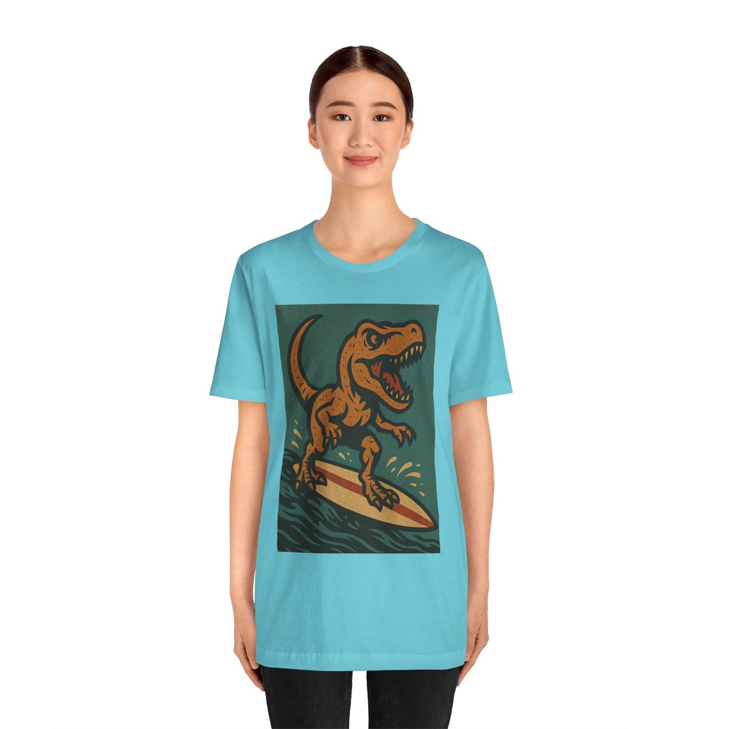 Surfing T-Rex T-Shirt – Funny Dinosaur Graphic Tee for Summer Vibes - WhimSpin - https://whimspin.com